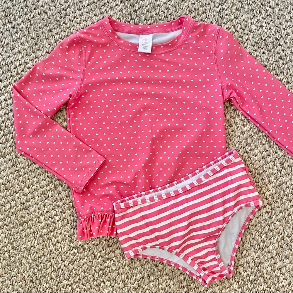 Ruffle Butts Pink Heart-Print Long Sleeve Rashguard with Striped Bottoms